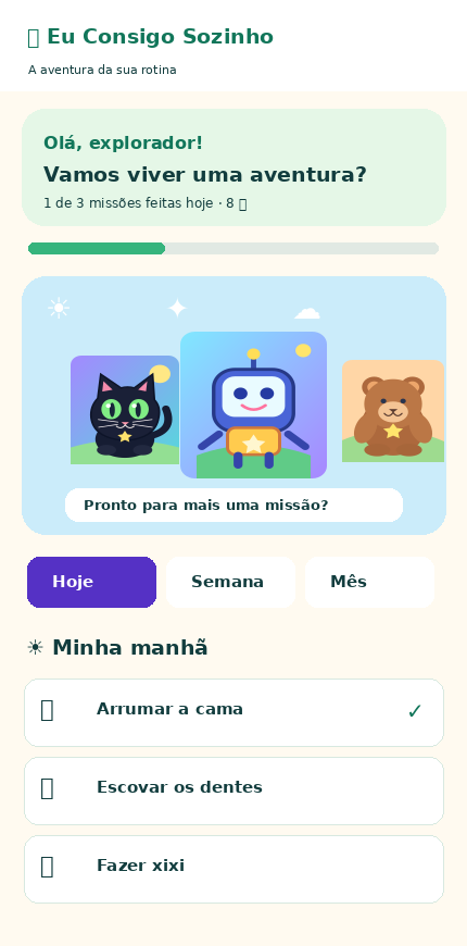 Interface infantil com personagens, missões e progresso